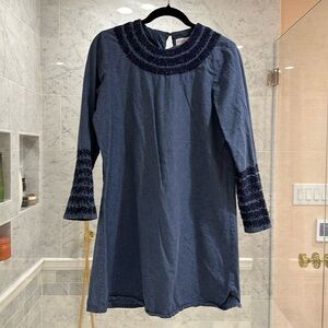Blue denim long sleeve embroidered collar dress